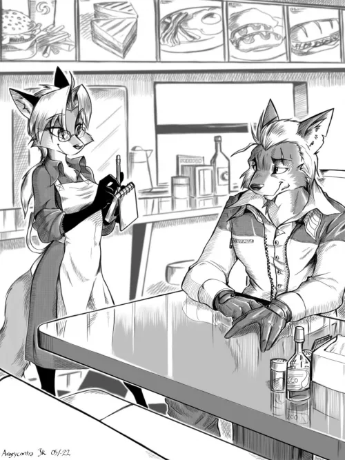 Waitress and Hitman (B&W art by me) by Angrycontra