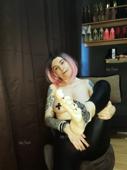 Want me to fuck you? First clean my shoes with your tongue! by Lady-Angela
