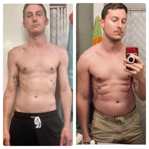 Was tired of being the scrawny friend, so I decided to do something about it. 40 lbs in a year–I know kinda dirty bulky–but liking how I look so far. by boomboomzoomz