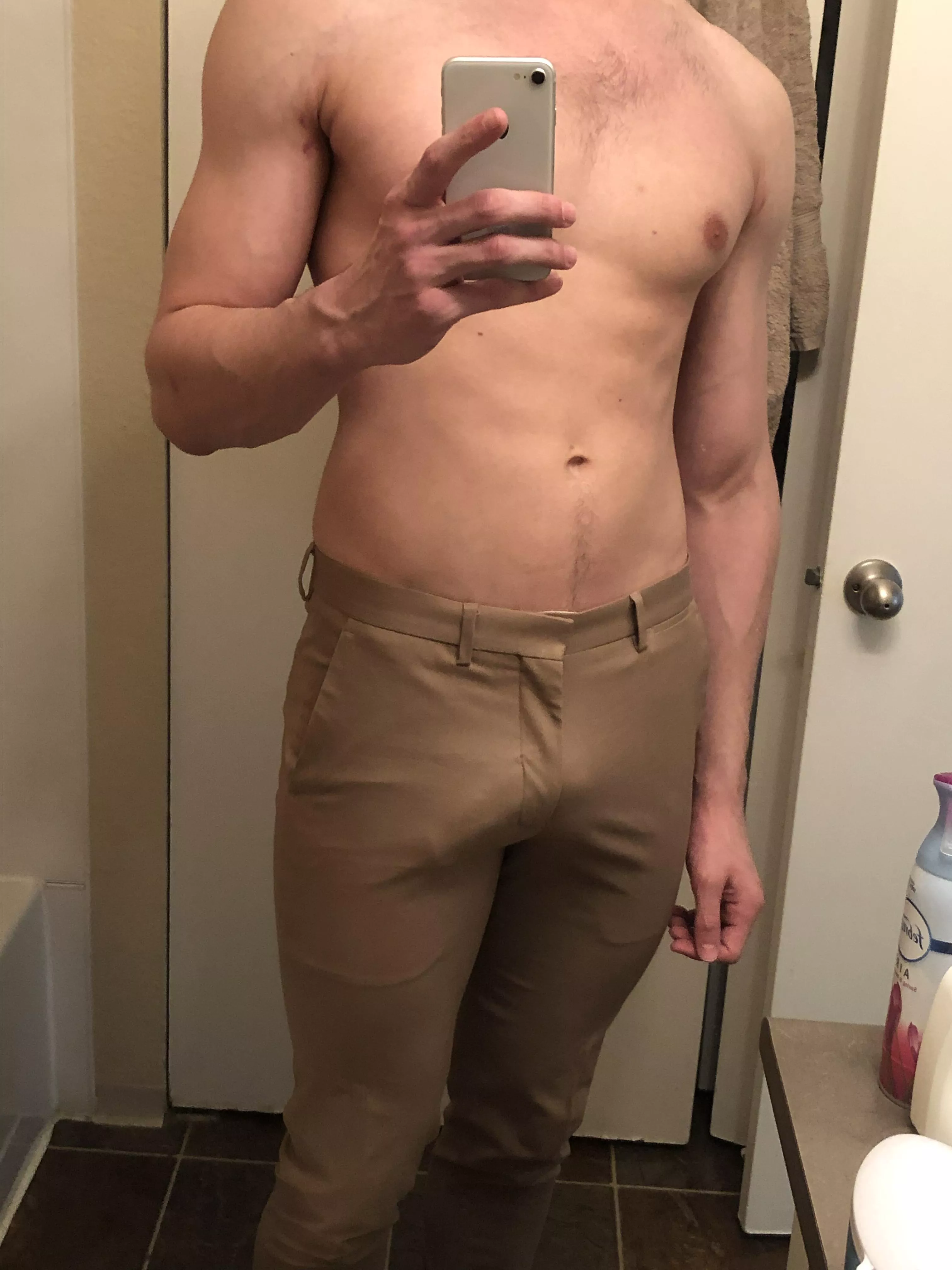 Was trying on my dress pants… not sure that I can wear these to work anymore. posted by Caged_Hole