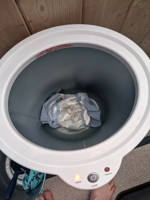 When you want to take a hot shower, but don't want to put on a cold diaper after 😂 by bozemanengineer