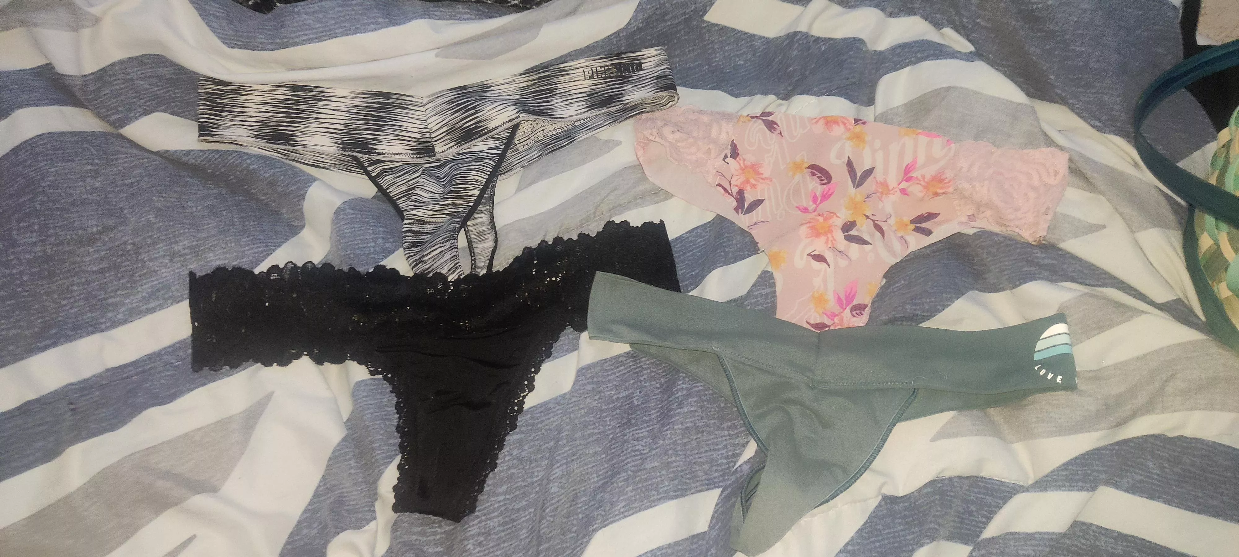 which pair of panties should I wear and cum all over for you guys😍 Vs pink panties stole them from my friends slutty little sister hit my messages if you want pics of her posted by Hairy-Party-6529