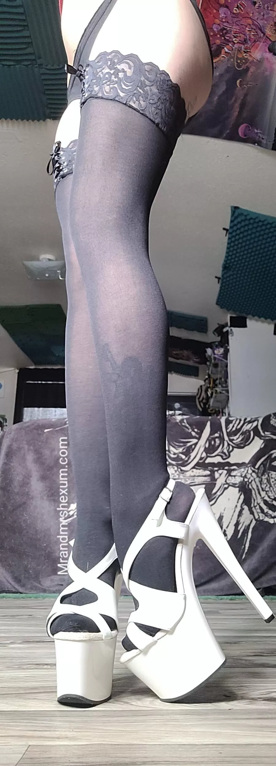 White pleaser & black stockings. A classic combo posted by Mrandmrshexum