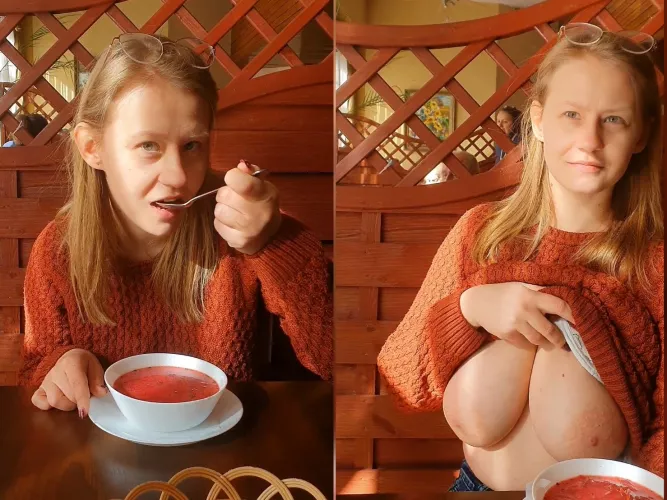 Who would have expected that this unassuming girl eating soup in a restaurant could have such hidden assets. by CukierkowaZgrywuska