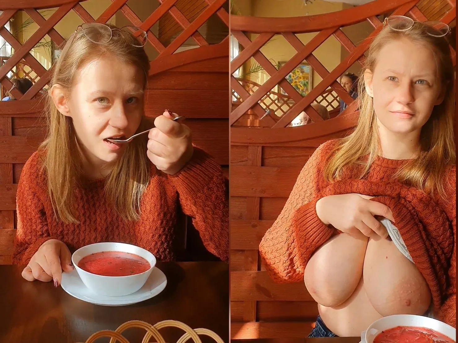 Who would have expected that this unassuming girl eating soup in a restaurant could have such hidden assets. posted by CukierkowaZgrywuska