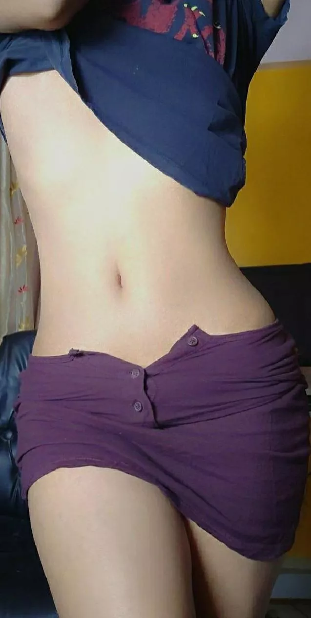 Wore my old t-shirt as a skirt and it fits so well 🥺🙊! What do you thinkk?🖤💜 posted by Ok-Bite5615