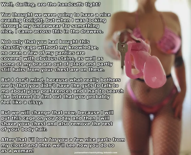 You are caught, but she does the right thing and uses it to make you happy! by justchastityblog