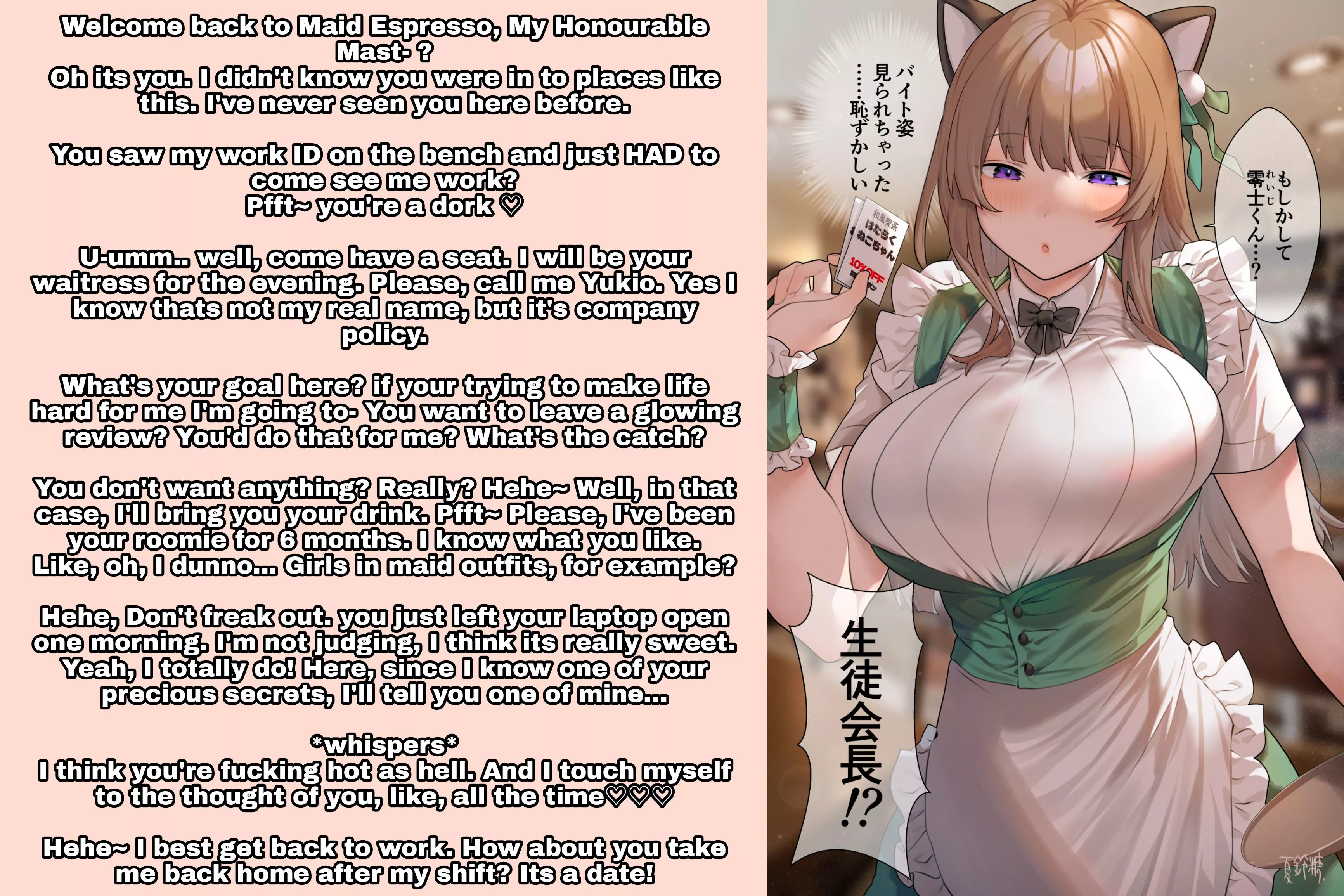 You figure out your room-mates job, she figures out your dirty little secret. [Maid] [flirty] [confession] [wholesome] - Feel free to request a caption. DM me! posted by LogyLewd