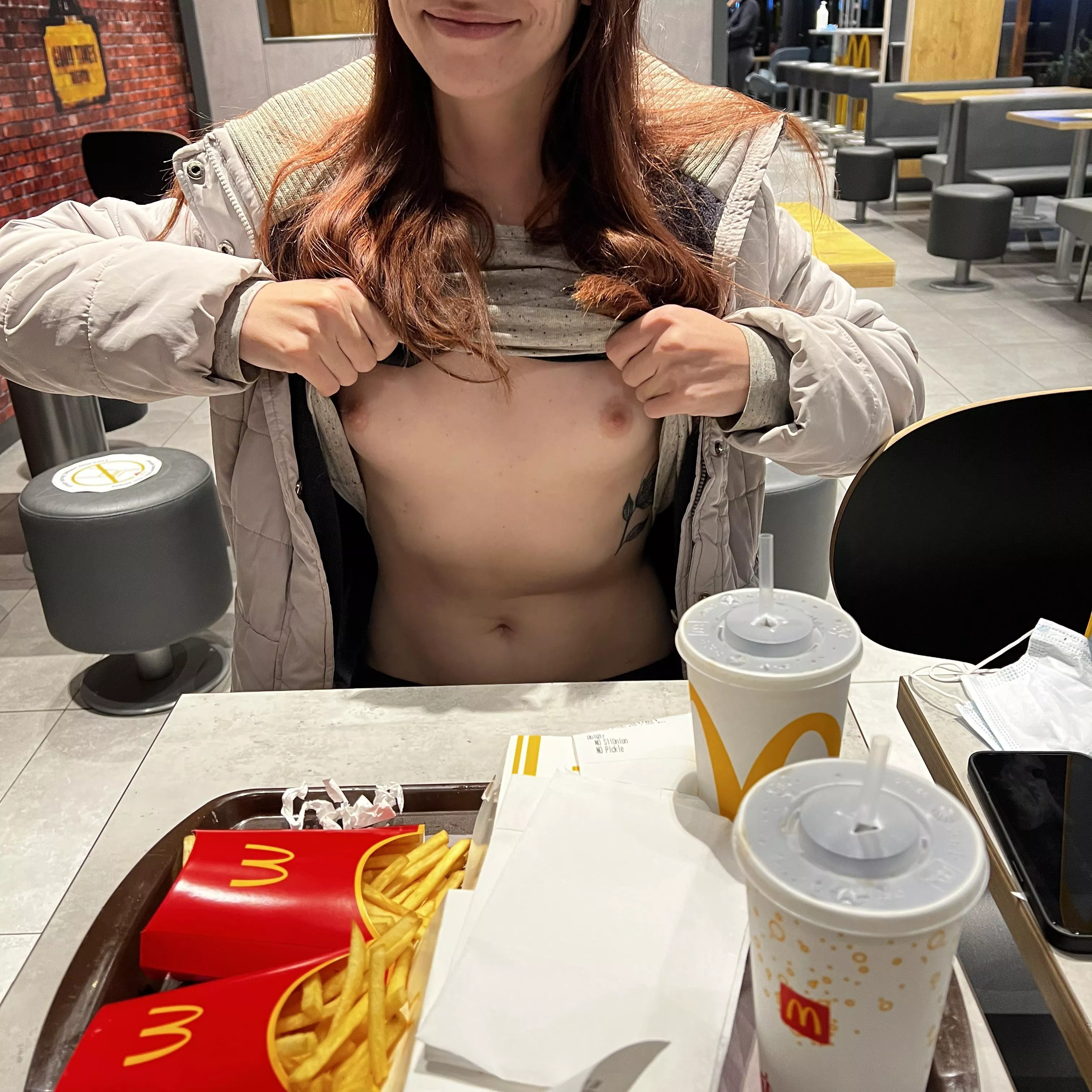 You see my flashing my little tits at the local McDs, what’s your move? posted by Monthain007