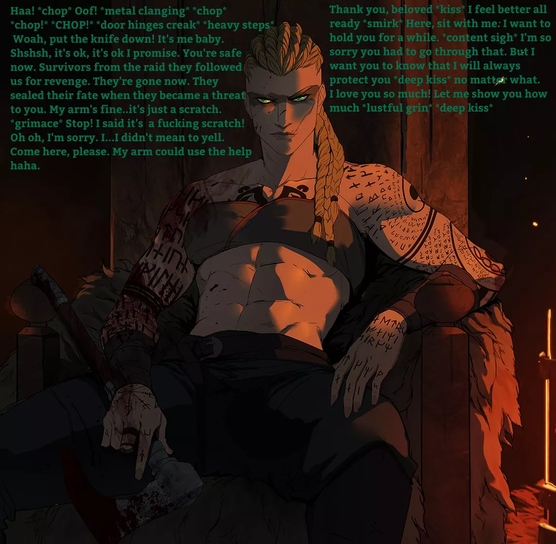 Your warrior, your wife, your savior. [Post battle] [blood] [muscles] [implied sex] [gentle femdom] [true love] posted by Bitter-Dimension2687