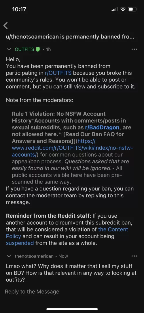 Lol just got permanently banned from a random sub that I wasn’t even following for specifically having posted here. I know some relationship related subs will ban, but some random clothes sub? by thenotsoamerican