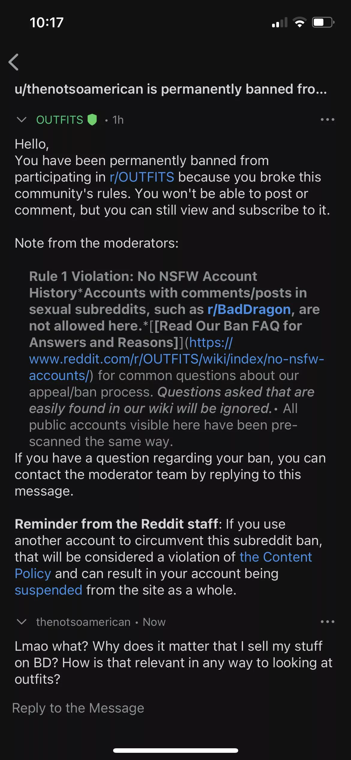 Lol just got permanently banned from a random sub that I wasn’t even following for specifically having posted here. I know some relationship related subs will ban, but some random clothes sub? posted by thenotsoamerican