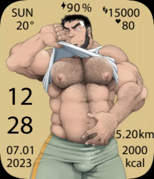 Just Bought an Amazfit Bip 3 Pro Smartwatch and Made a Bara Watch face in Celebration. Artist: Takaku Nozomu; Doujinshi: Drive That Man Into a Frenzy; Character: Koyama Hajime by BubblyCub