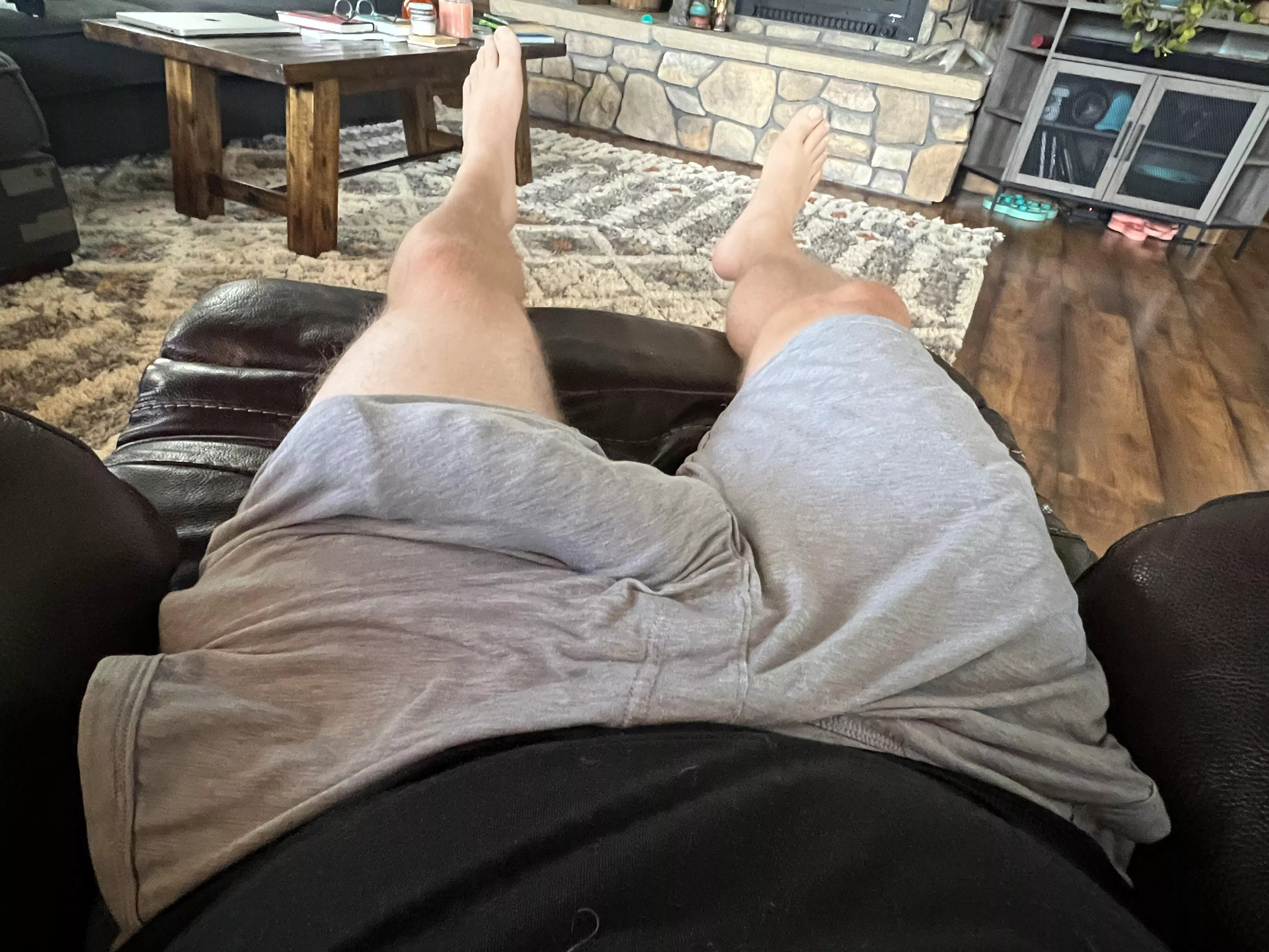Cock ring + thin grey shorts equals obvious bulge posted by randommd81