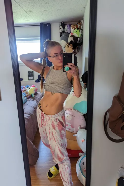 Cozied up, flaunting my abs, in a sea of plushies. A cozy peek at my obsession. (@RoraPickle) by RoraPickle