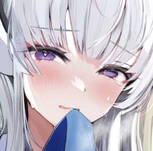 LF Color Source: 1girl, silver hair, long hair, heart shaped pupils, blush, sweat, purple eyes, face, close up, earwear, blue archive, ushio noa, shy, sidelocks, straight hair, bangs, blue necktie, silver shirt, tears, necktie on mouth, silver eyebrow, t by toneonis
