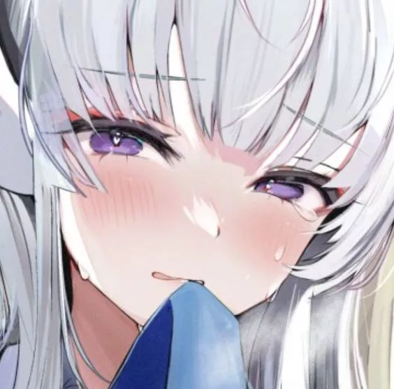 LF Color Source: 1girl, silver hair, long hair, heart shaped pupils, blush, sweat, purple eyes, face, close up, earwear, blue archive, ushio noa, shy, sidelocks, straight hair, bangs, blue necktie, silver shirt, tears, necktie on mouth, silver eyebrow, t posted by toneonis