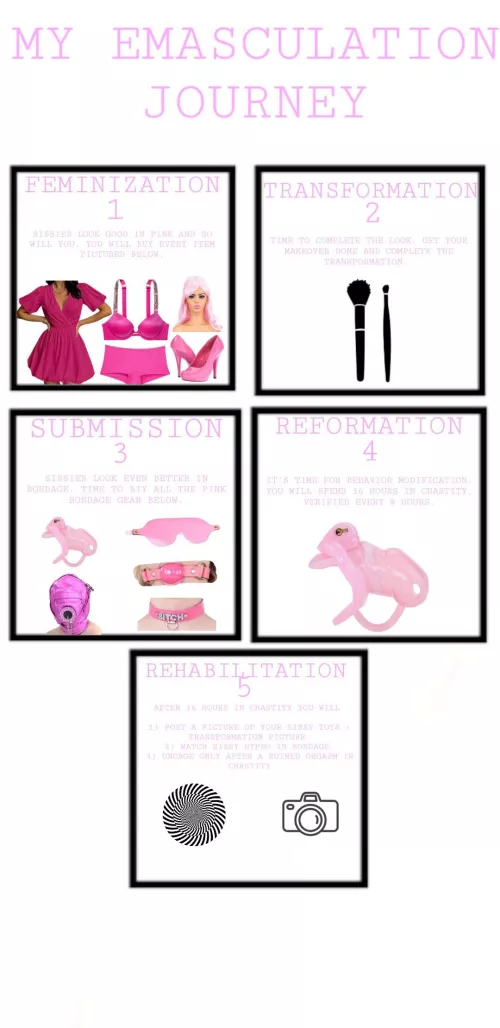 My 5 step process to achieve total emasculation for myself. I am eager and nervous to begin my journey. Should I document my journey? If I do, what should be documented and would other sissies find a timeline helpful? by MurkyParticular7386