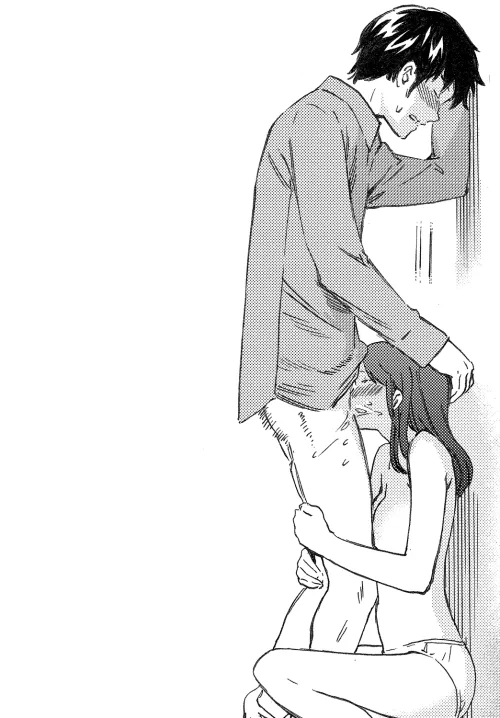 LF Mono Source: 1boy, 1girl, against wall, black hair, closed eyes, dark hair, fellatio/blowjob, from side, grey shirt, hand on another's head, head grab, irrumatio, long hair, panties, squatting, standing, sweat, topless, white background by HentaiSource_Archive