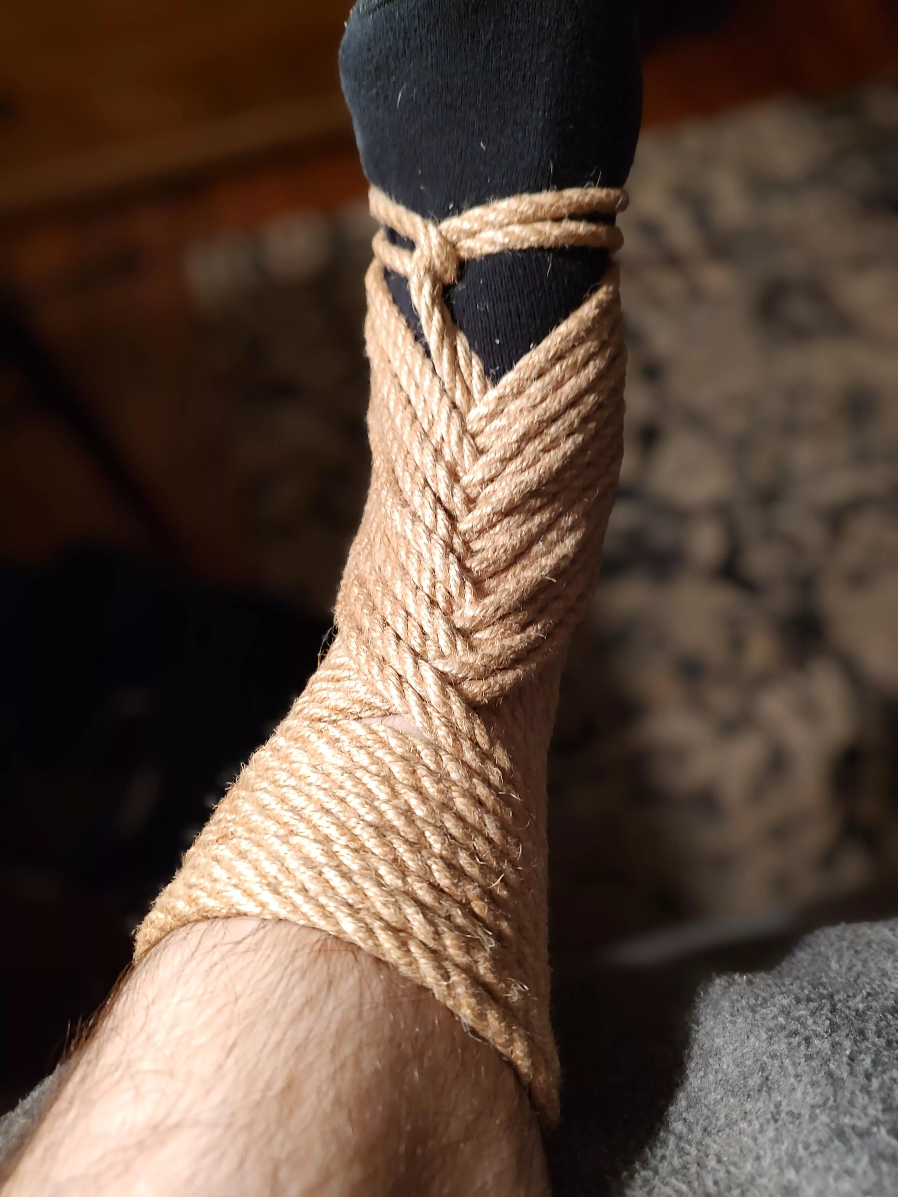 Simple ankle weave. My mental health has been garbage lately so I haven't had much inspiration/motivation to tie anything more complex. posted by GroovyRaven92