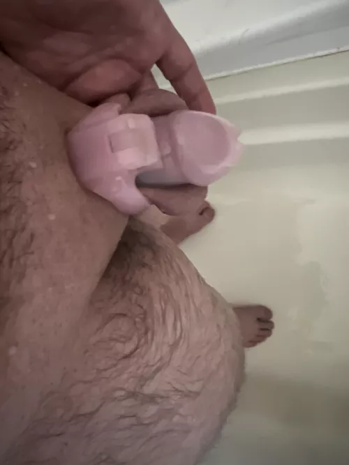 Even in the shower, cage stays on until I take it off her for cleaning by OwnedByHerAlways