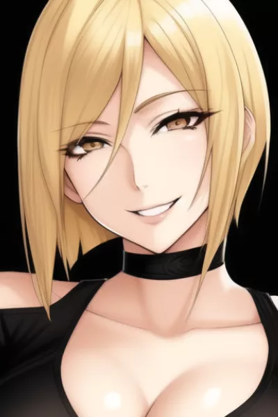 LF Color Source: blonde, yellow eyes, smiling, short hair, choker, black clothes, cleavage posted by bigppman123456