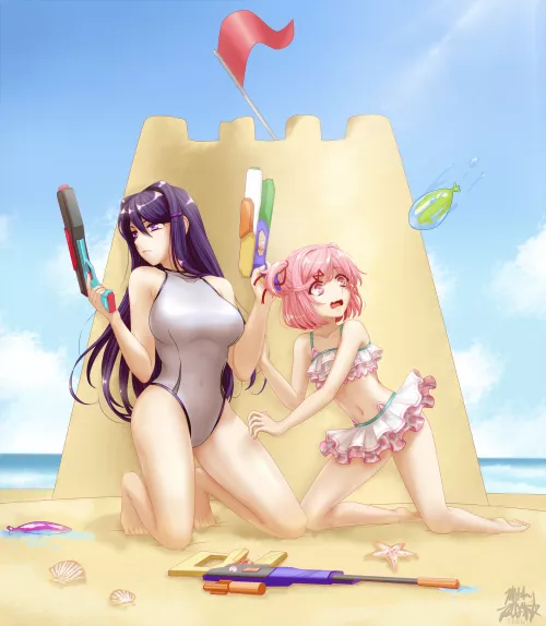 Natsuki & Yuri at the beach [Doki Doki Literature Club, Art: 当Teru] by Semerald123