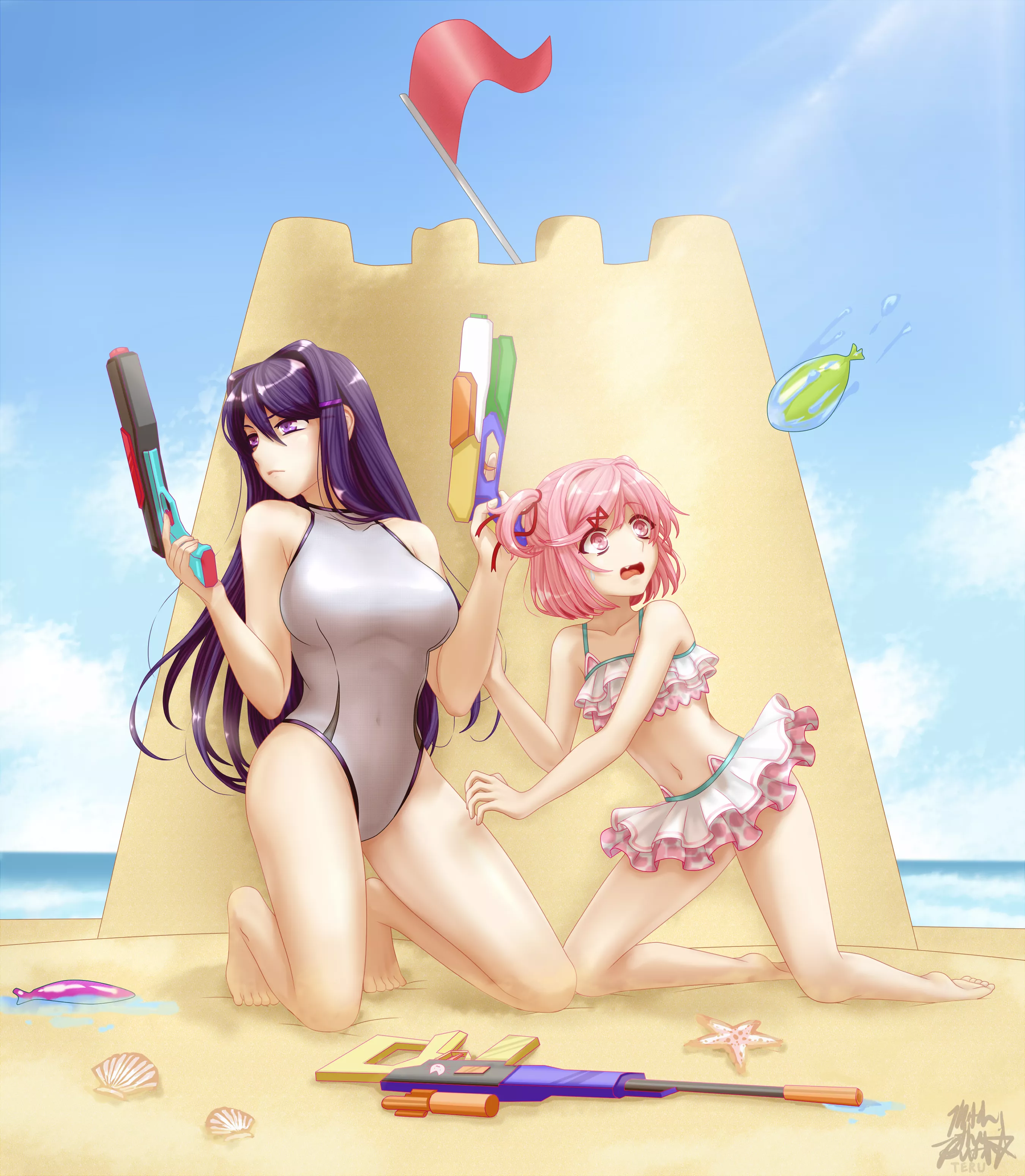 Natsuki & Yuri at the beach [Doki Doki Literature Club, Art: 当Teru] posted by Semerald123