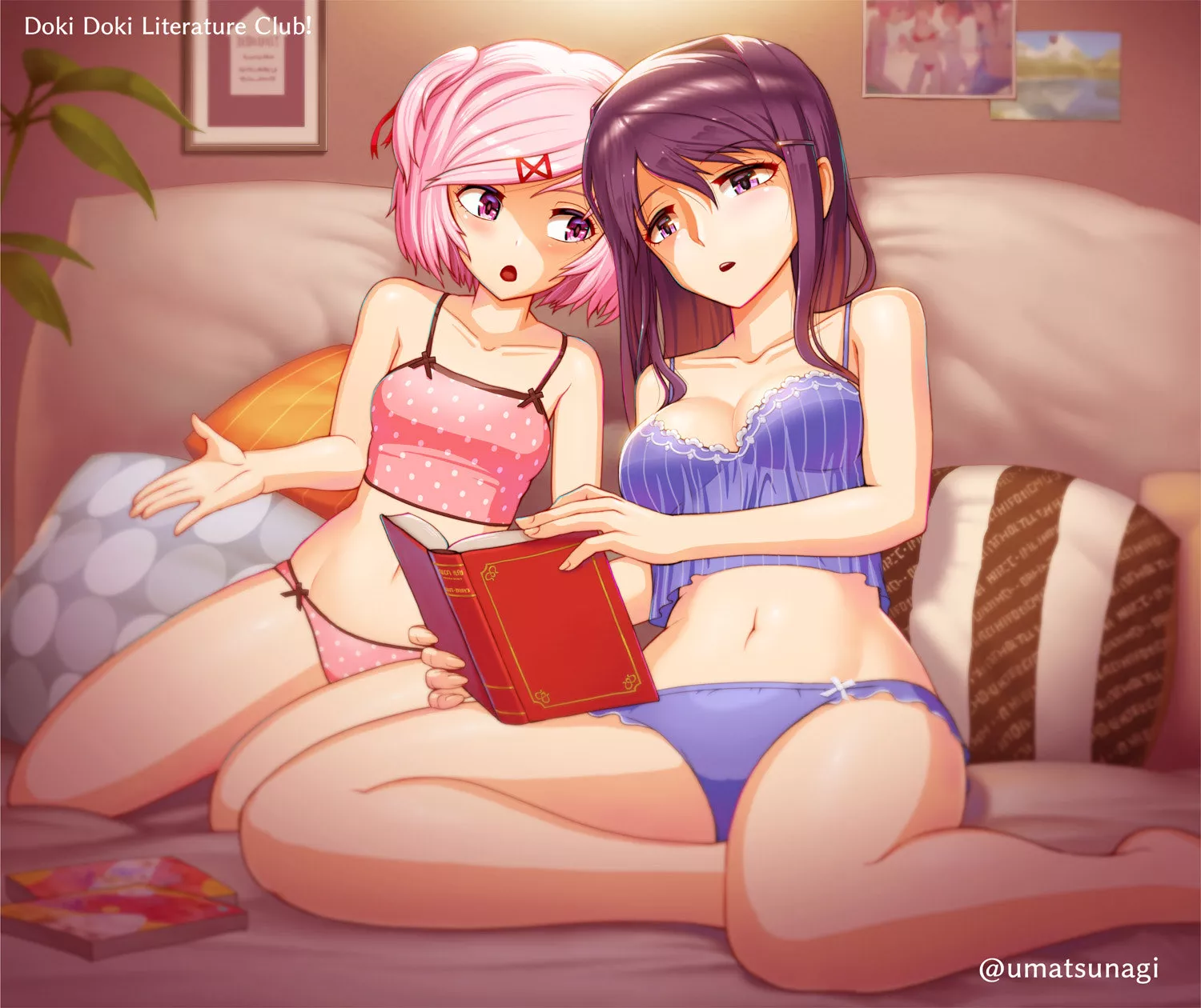 Natsuki & Yuri reading in bed [Doki Doki Literature Club] posted by Semerald123