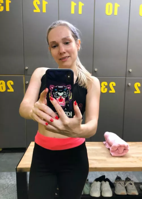 Selfie in a gym changing room: no make up and sweaty after workout by leafoxy23