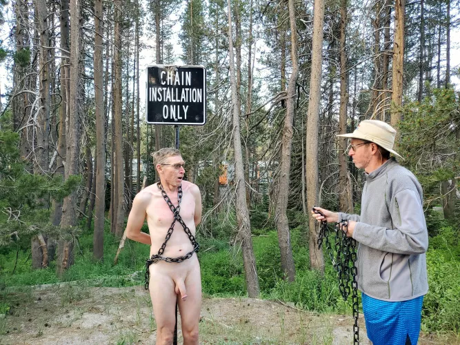 Um you're not going to leave me chained up, right? Somebody could drive by and see! by Furious_Marmot