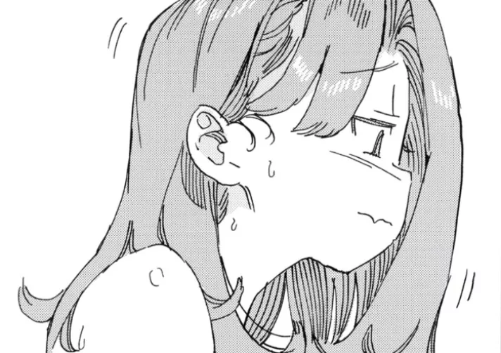 LF Mono Source: 1girl, asymmetrical bangs, bare shoulders, blush, close up, closed mouth, face, forehead, from side, light hair, long hair, looking down, single bare shoulder, skin fang, sweat, trembling, wavy mouth, white background by HentaiSource_Archive