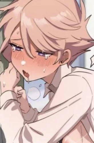 LF Color Source: 1boy, against wall, blonde hair, blush, breath, close-up, collared shirt, drooling, face, from side, hair between eyes, half-closed eyes, implied sex from behind, light brown hair, open mouth, open shirt, otoko no ko/femboy, short hair,  posted by HentaiSource_Archive
