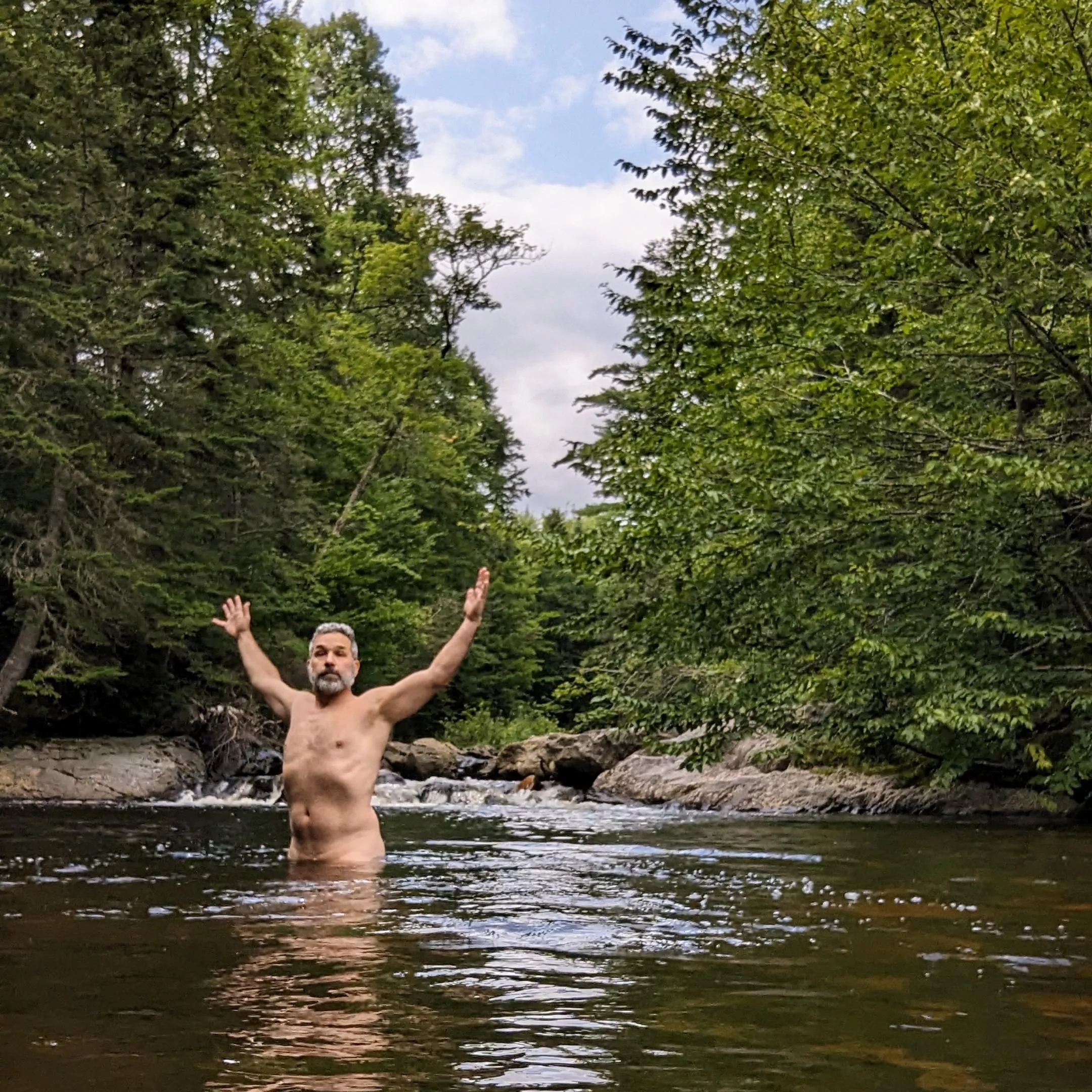 I can only get to the swimming hole once a year and I wasn't going to let cool cloudy weather and cold water stop me. posted by StormRider-71