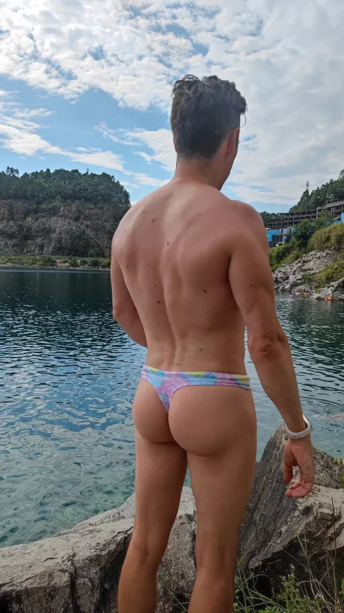 Wearing a cute floral swim thong at the lake by arthusandnico