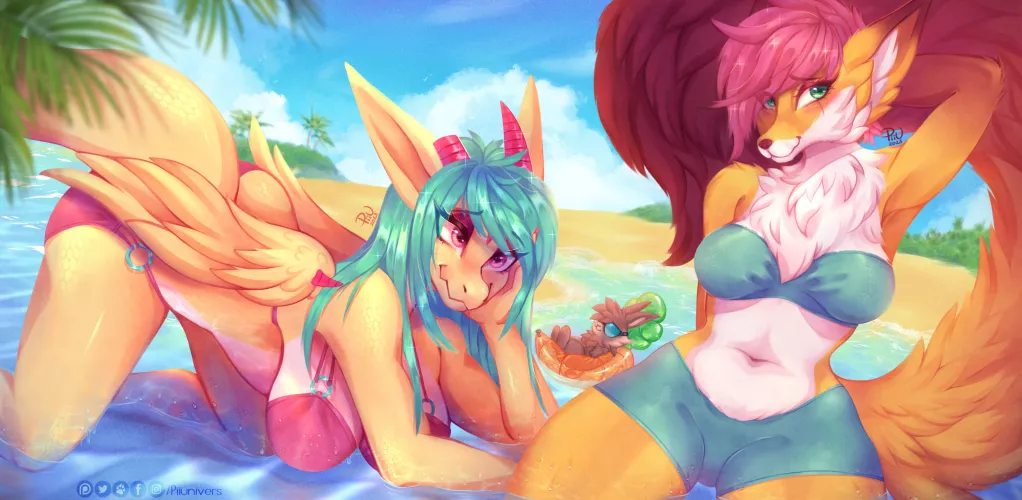 My OCs Mei and Skye at the beach (artist: me Twitter @Piiunivers) by Piiunivers
