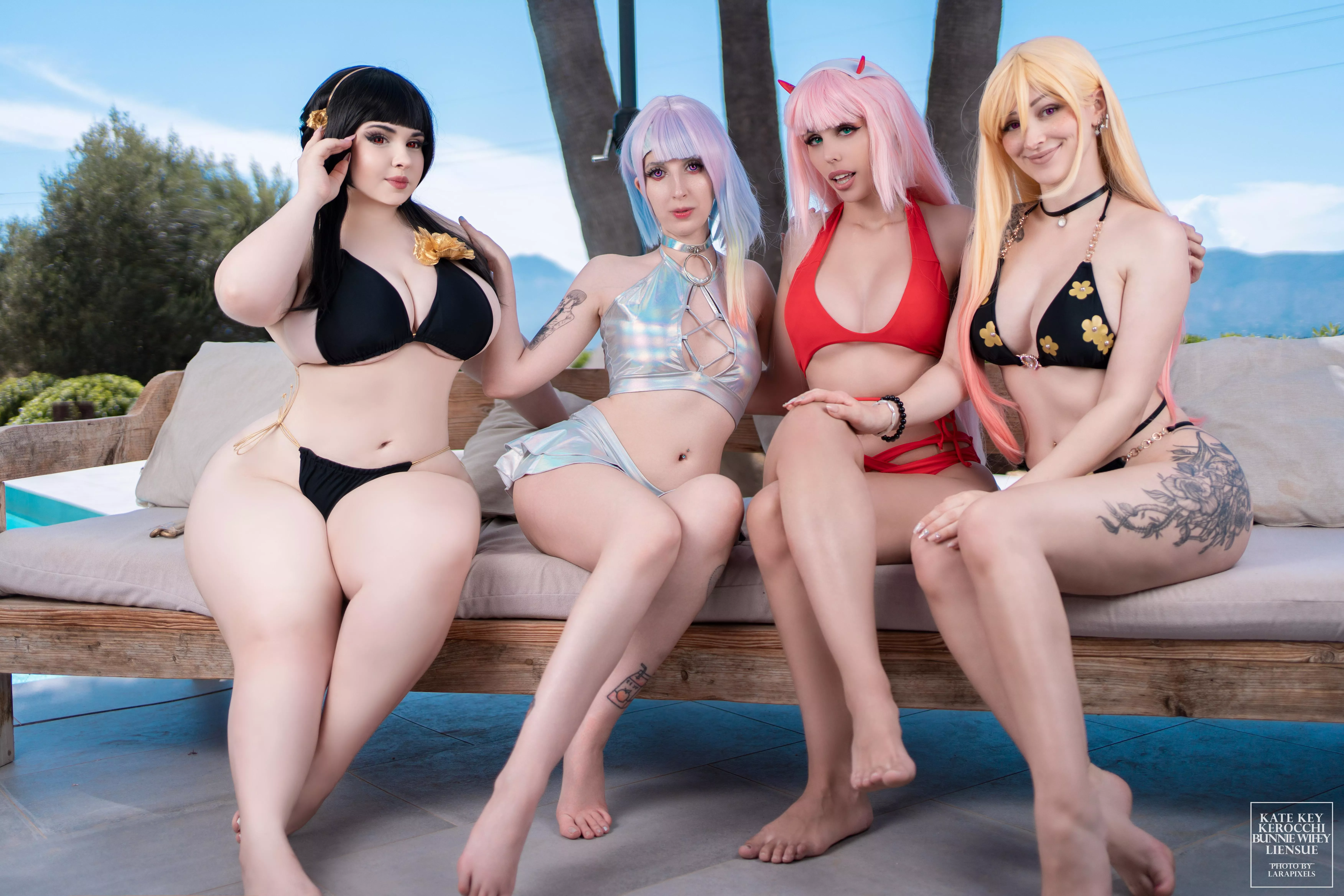 Summer Waifus! Yor Forger, Lucy, ZeroTwo and Marin crossover by Bunnie Wifey, Kerocchi, Kate Keyy and Liiensue posted by kerocchi