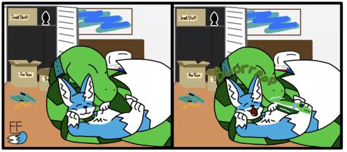 {comic} Feral me getting belly rubs from a lovely snake after I just had a ton of snacks (art by me) by LegGay
