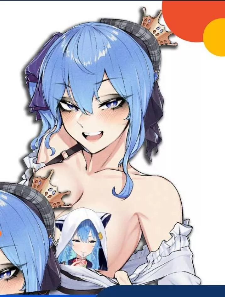 LF Color Source, 1girl, blue hair, blue eyes, white shirt, cleavage, bra, topless, vtuber, hoshimachi suisei, side ponytail, hat posted by Circuit1212