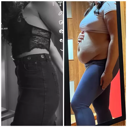 Oh noo 😳 what happend to my body? No one would ever look at me and think i was skinny 🐖 My whole belly just hangs over my waistbands now and im so embarassed by fatmerida