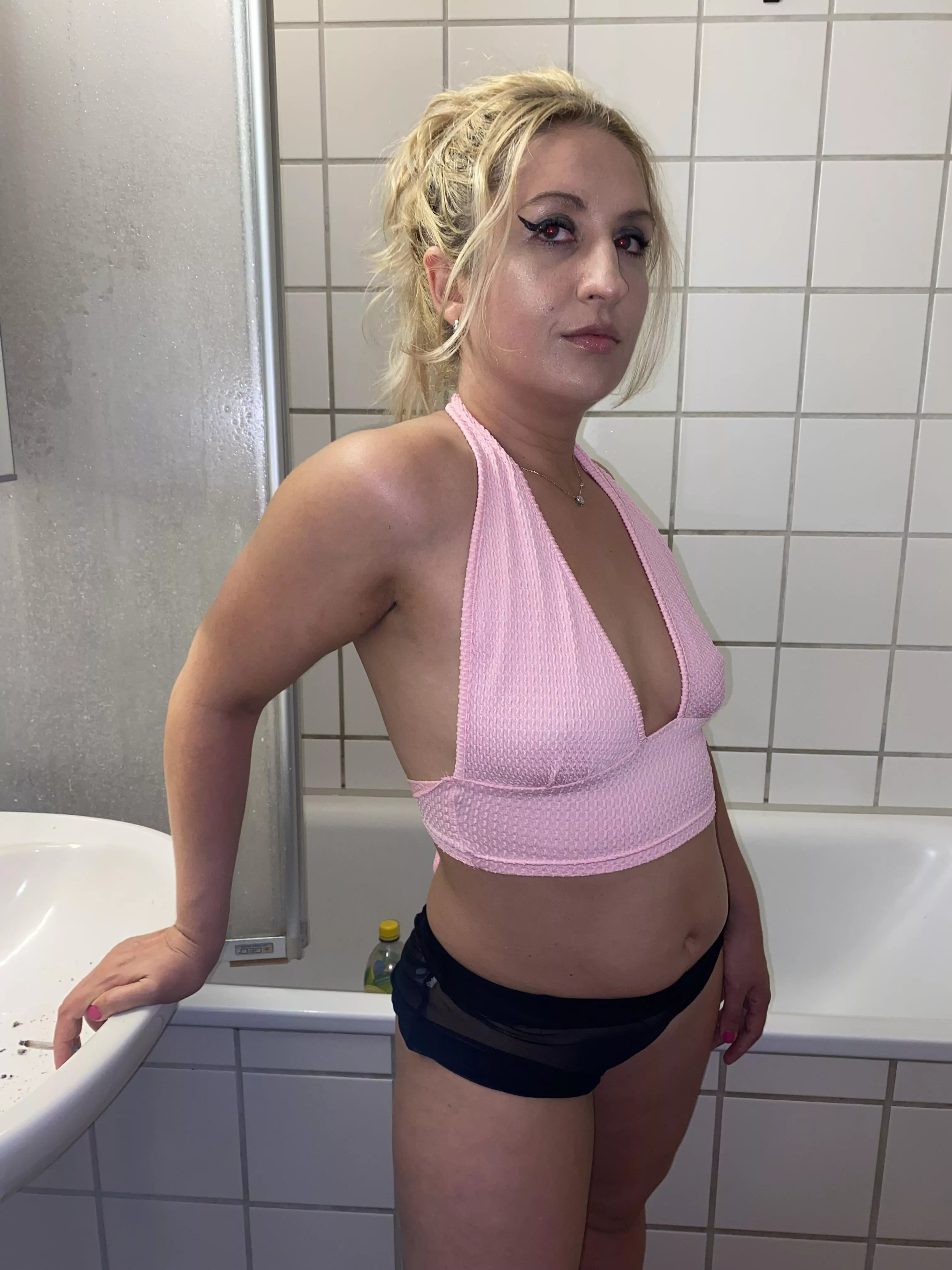 Smoking in the bathroom in my new pink top posted by danababee