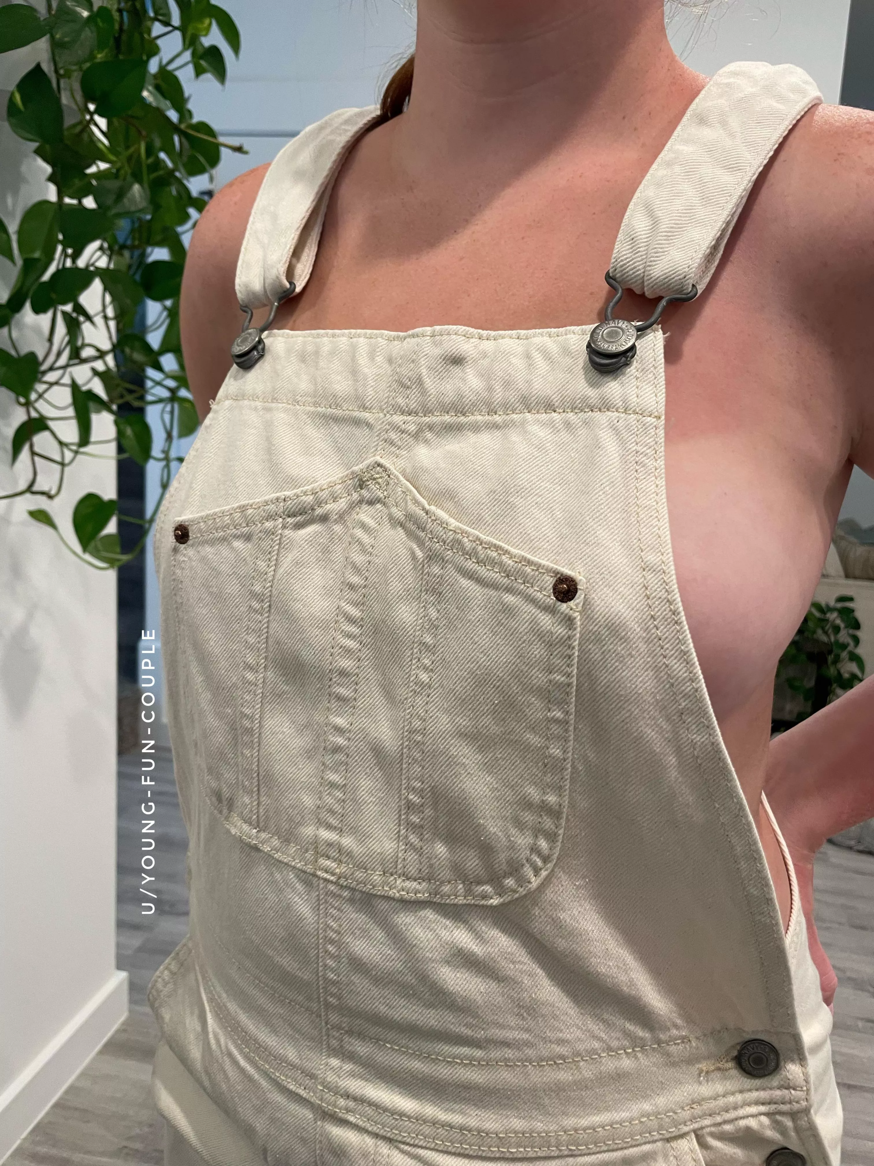 Overalls are best without bras posted by young-fun-couple