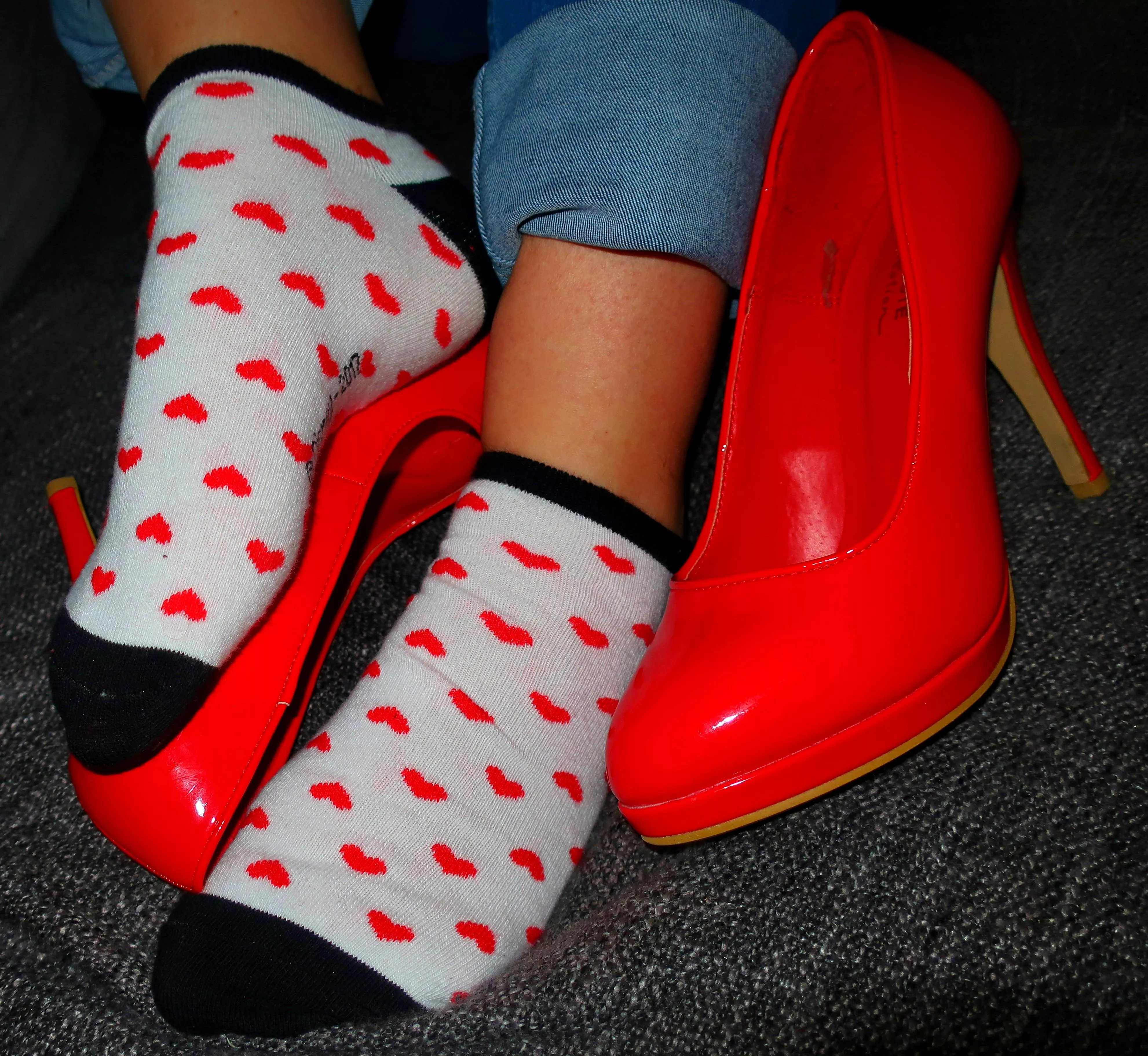Red heels and socks. posted by misskatefeet