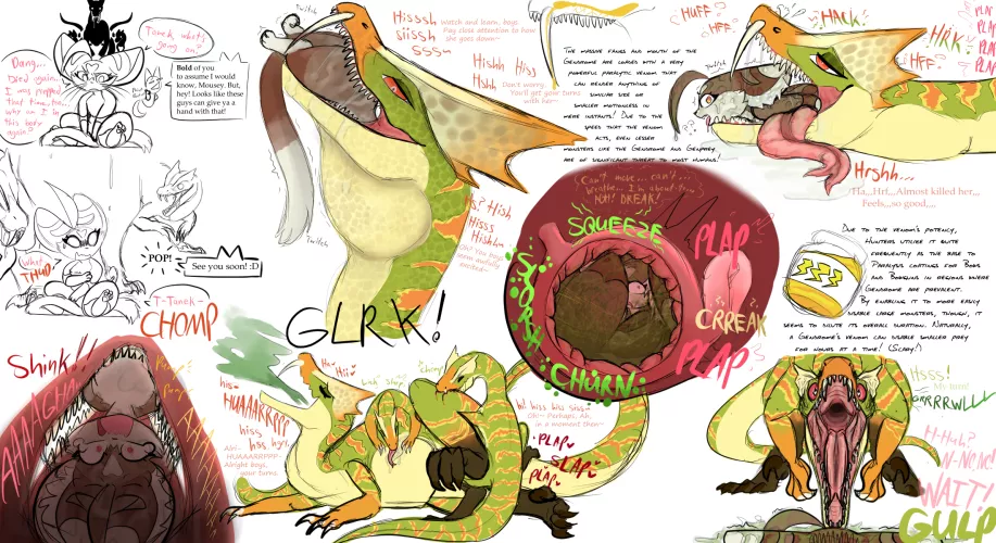 {Image} Interactive Rathalaugust Day 6: Gendrome (OishiAtsukau) [Near-Fatal, F/F, Multiple Preds (implied), Swapping Preds, Burp, Raptors, Palico prey, Sex while Full] by OishiAtsukau