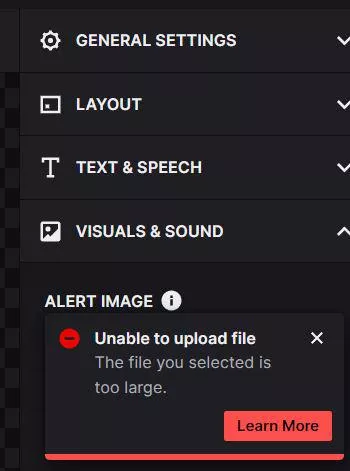 TWITCH ALERTS ISSUE: My 400 Kilobyte file is too large?... It's 2 seconds long. I have tried converting to gif, still to large, webm, still to large, I made it longer to make it larger to 2-3 MB, still to large. 10 MB 1 minute long, stiill to large. I m posted by mc_donkey