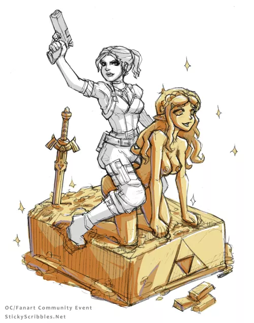 Sheva Alomar and Zelda [f>inanimate Gold Statue] [ StickyScribbles ] by 24Emma