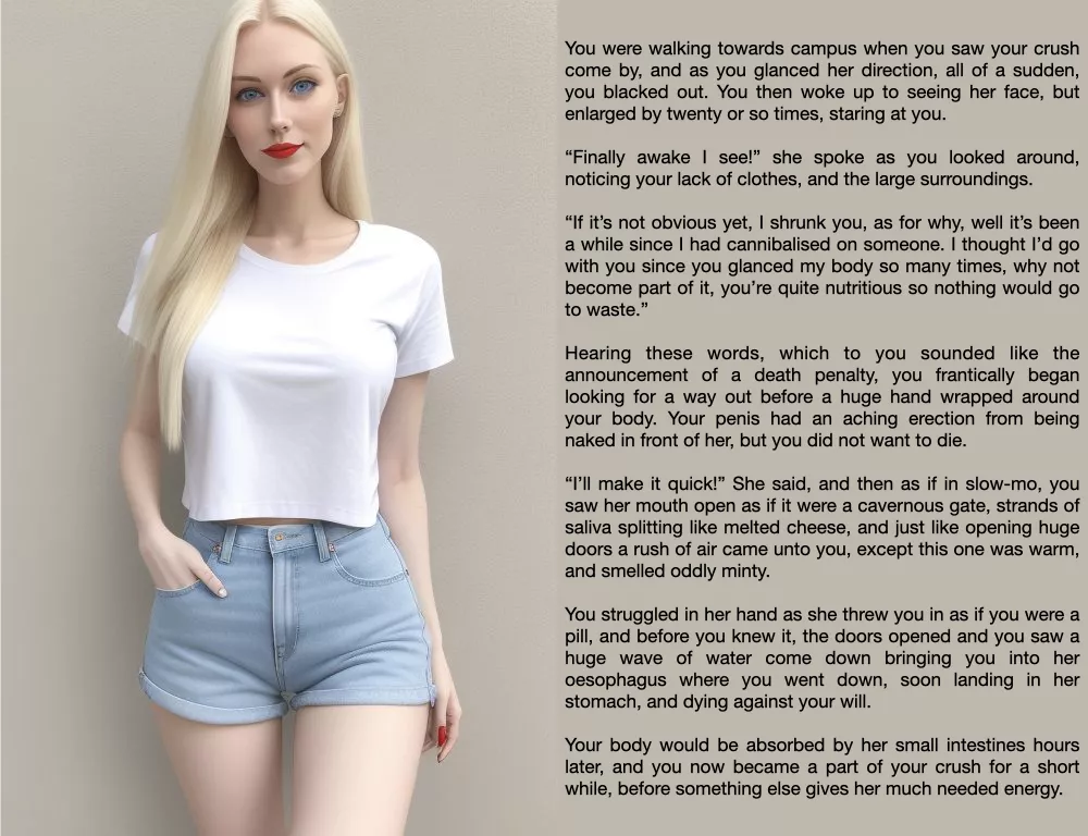 {Image} {Story} Your Crush's Small Snack (Art by Perchance AI) [Oral Vore] [Digestion] posted by johnxx33