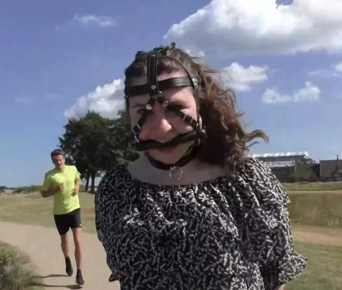 Mia walking in harness gagged public! posted by ballgaggedbitches