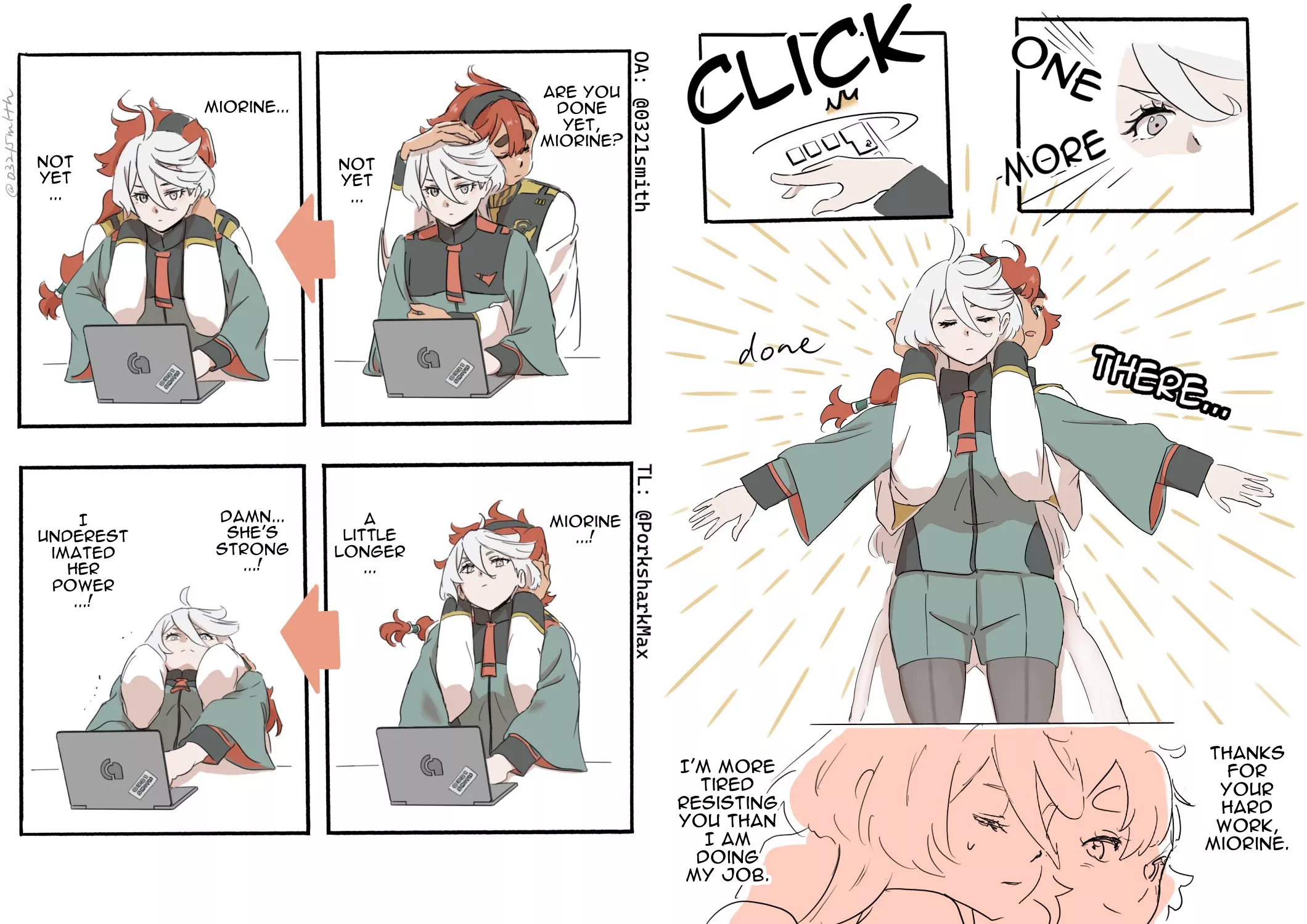 Suletta Hugs Miorine While She's Working by 0321smith (TL by @PorksharkMax) [Mobile Suit Gundam] posted by MegaPorkachu