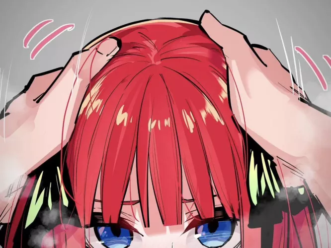 LF Color Source: 1girl, red hair, short hair, black hair bun, blue eyes, grabbing head by Incomplete_and_broke